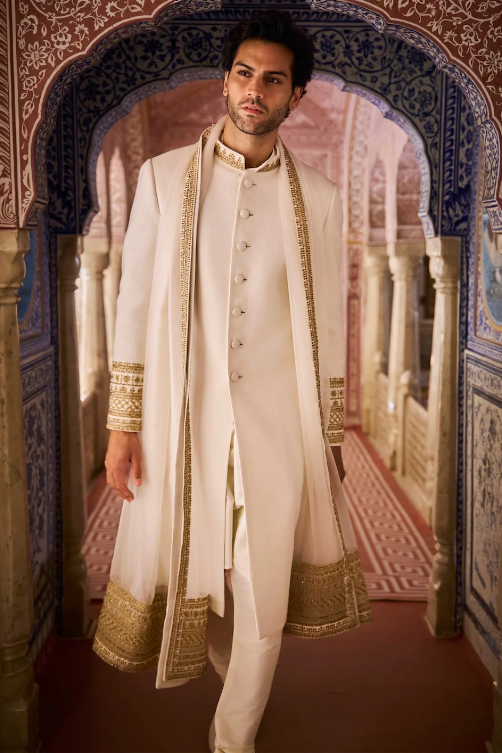 Seema Gujral - Ivory Gold Matka Silk Sherwani Set