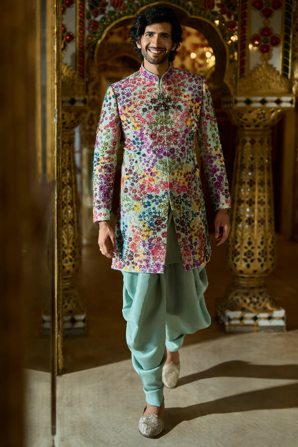 Seema Gujral - Sage Green Multi-Coloured Three-Dimensional Sherwani Set