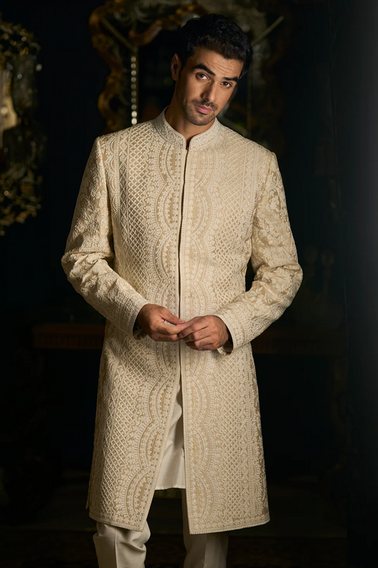 Seema Gujral - Nude Cream Sherwani Set