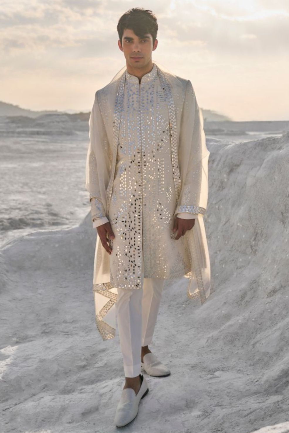 Seema Gujral - Off-White Mirror Work Sherwani Set