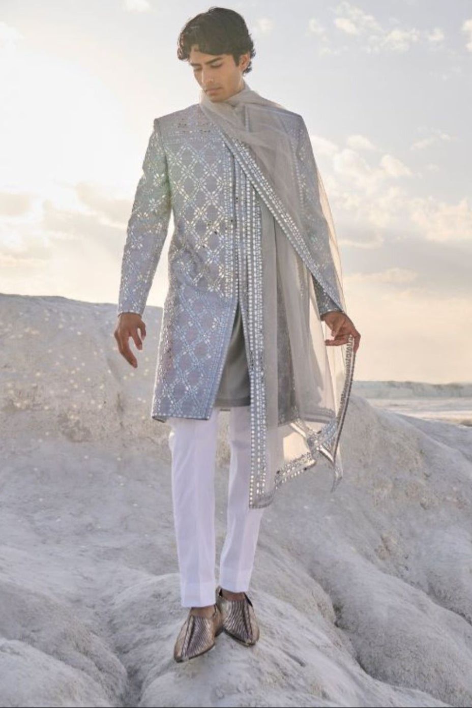 Seema Gujral - Metallic Grey Mirror Work Sherwani Set