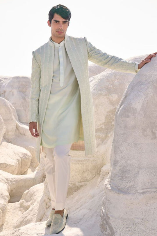 Seema Gujral - Sea Green Pearl Open Sherwani Set