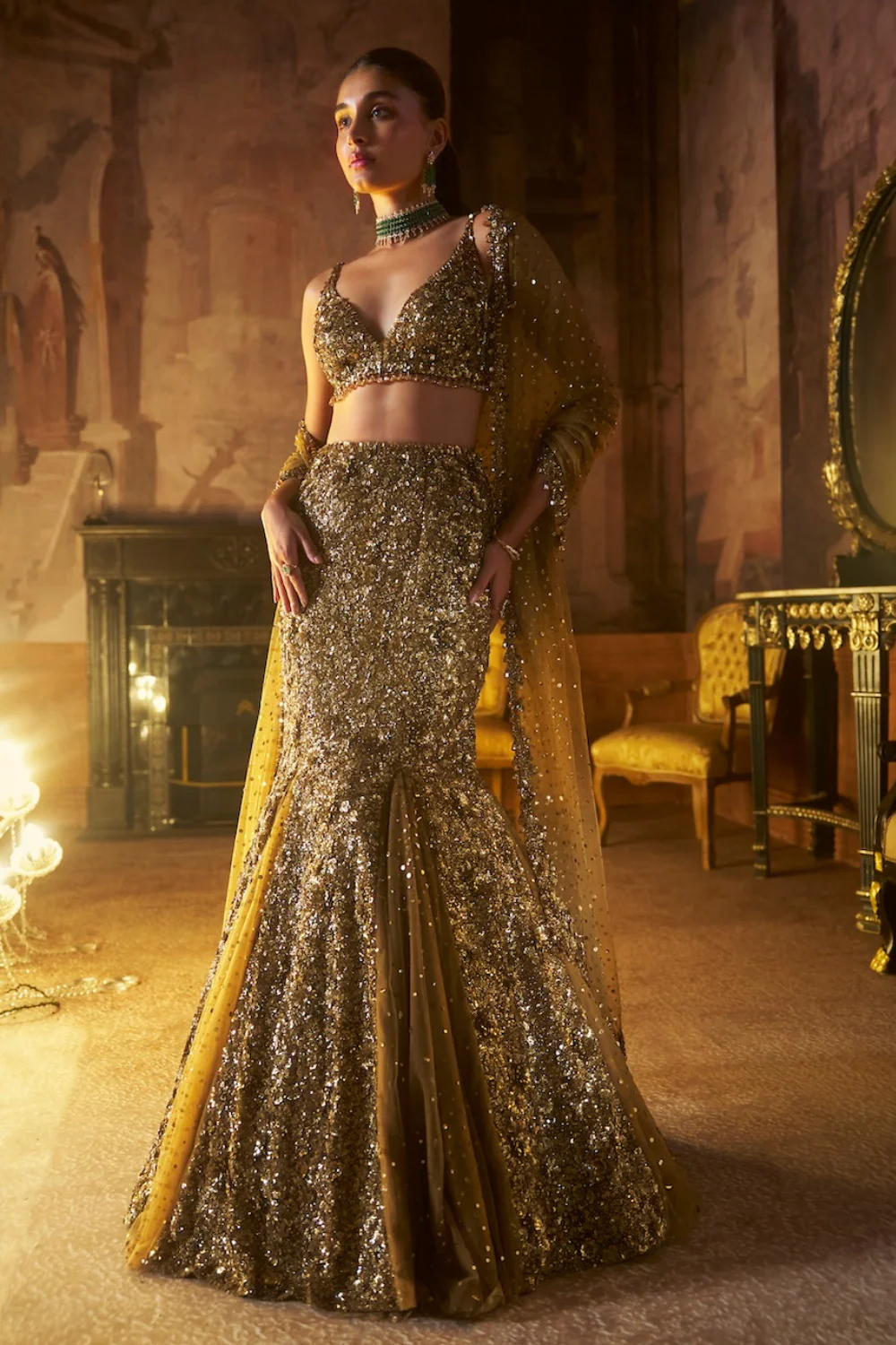 Seema Gujral - Antique Gold Fit &amp; Flare Skirt Set