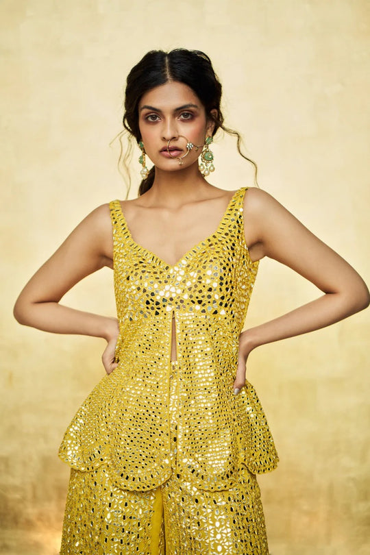 Seema Gujral - Mustard Yellow Mirror Work Sharara Set