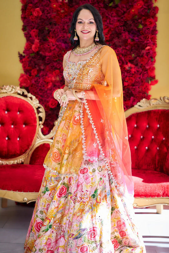 Tia – Sunrise Blossom Hand-Painted Lehenga