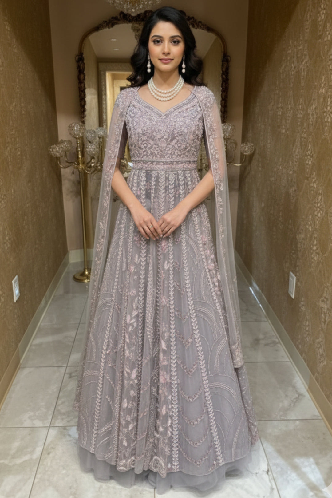 Lavender Embellished Indo-Western Cape Gown M Lavender Embellished Indo-Western Cape Gown M