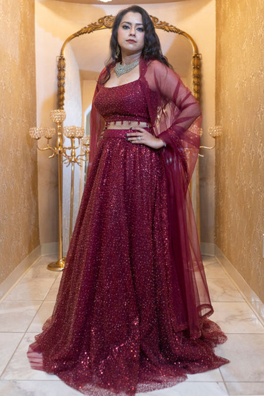 Maroon Sequin Bridal Lehenga Set