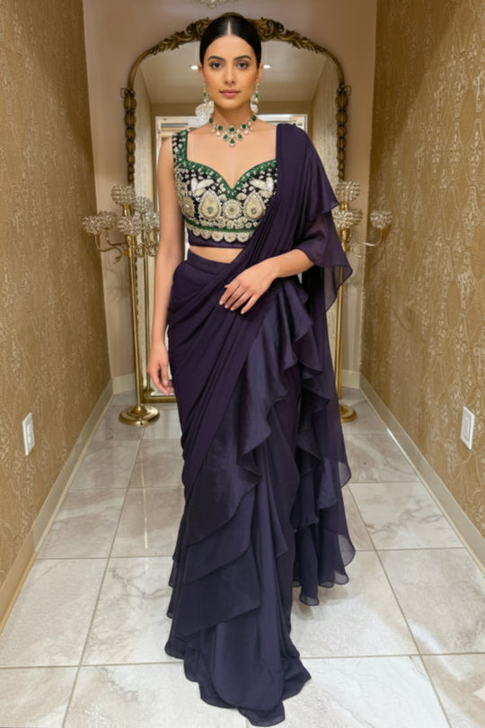 Deep Wine Ruffle Saree With Velvet Bustier