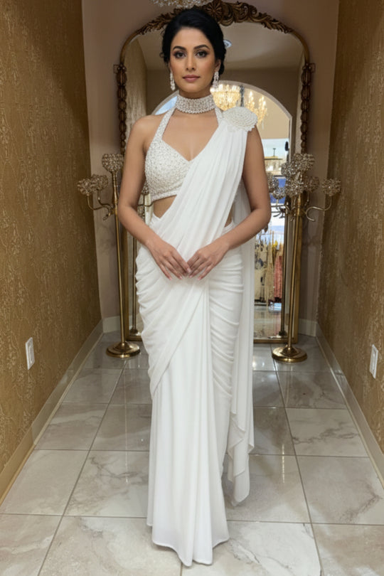 Ivory White Pre-Draped Saree