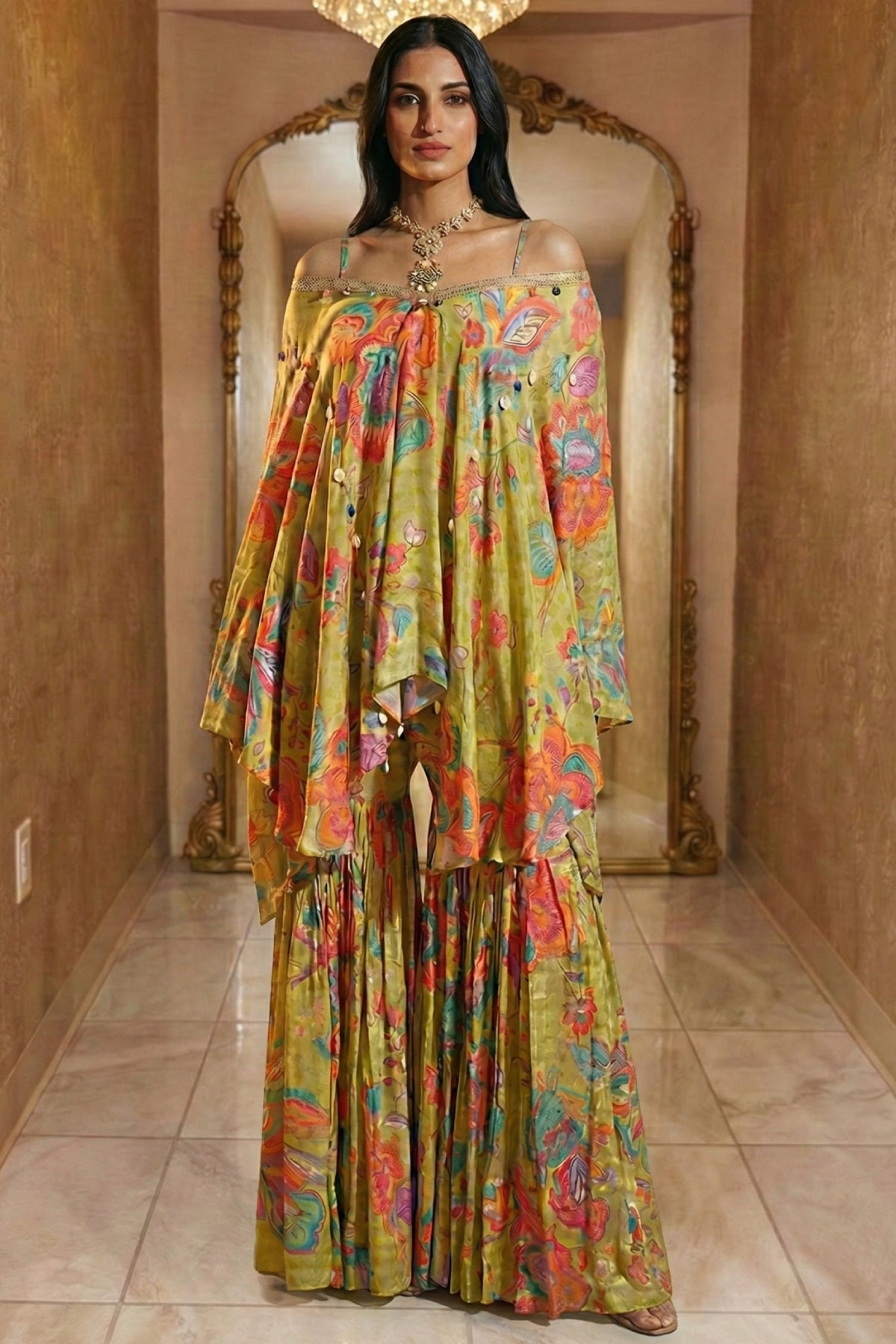 Lime Green Floral Kaftan &amp; Sharara Set