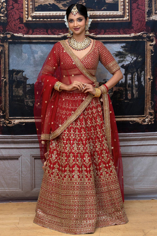 Riya – Crimson Royale Zari Embroidered Lehenga