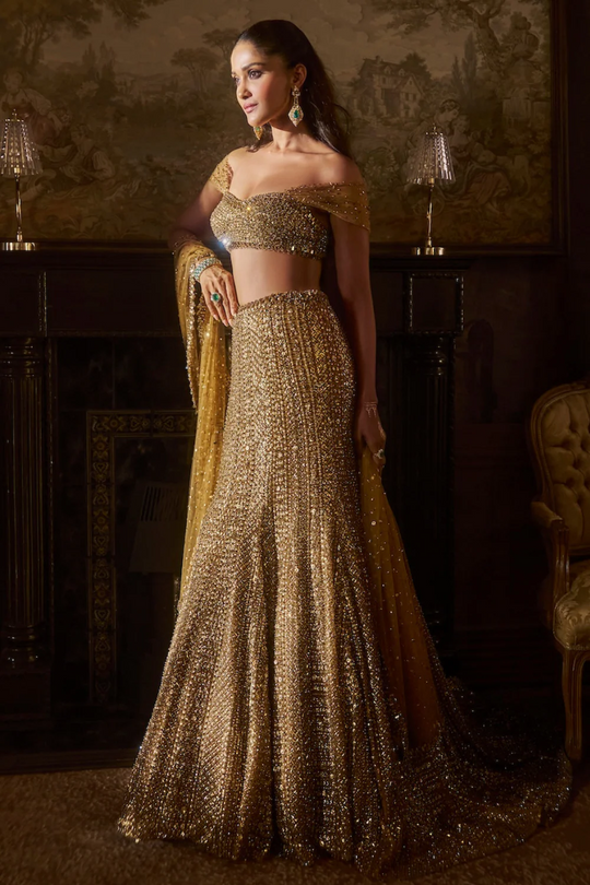 Seema Gujral - Antique Gold Trail Skirt Set