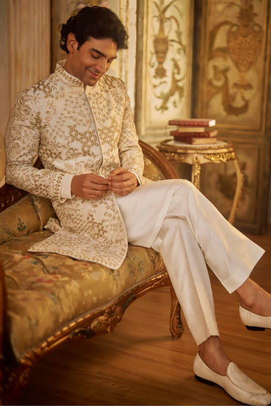 Seema Gujral - Ivory Gold Sherwani Set