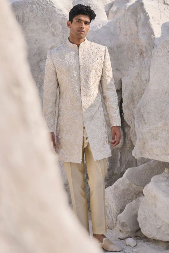 Seema Gujral - Cream Three Dimensional Floral Sherwani Set