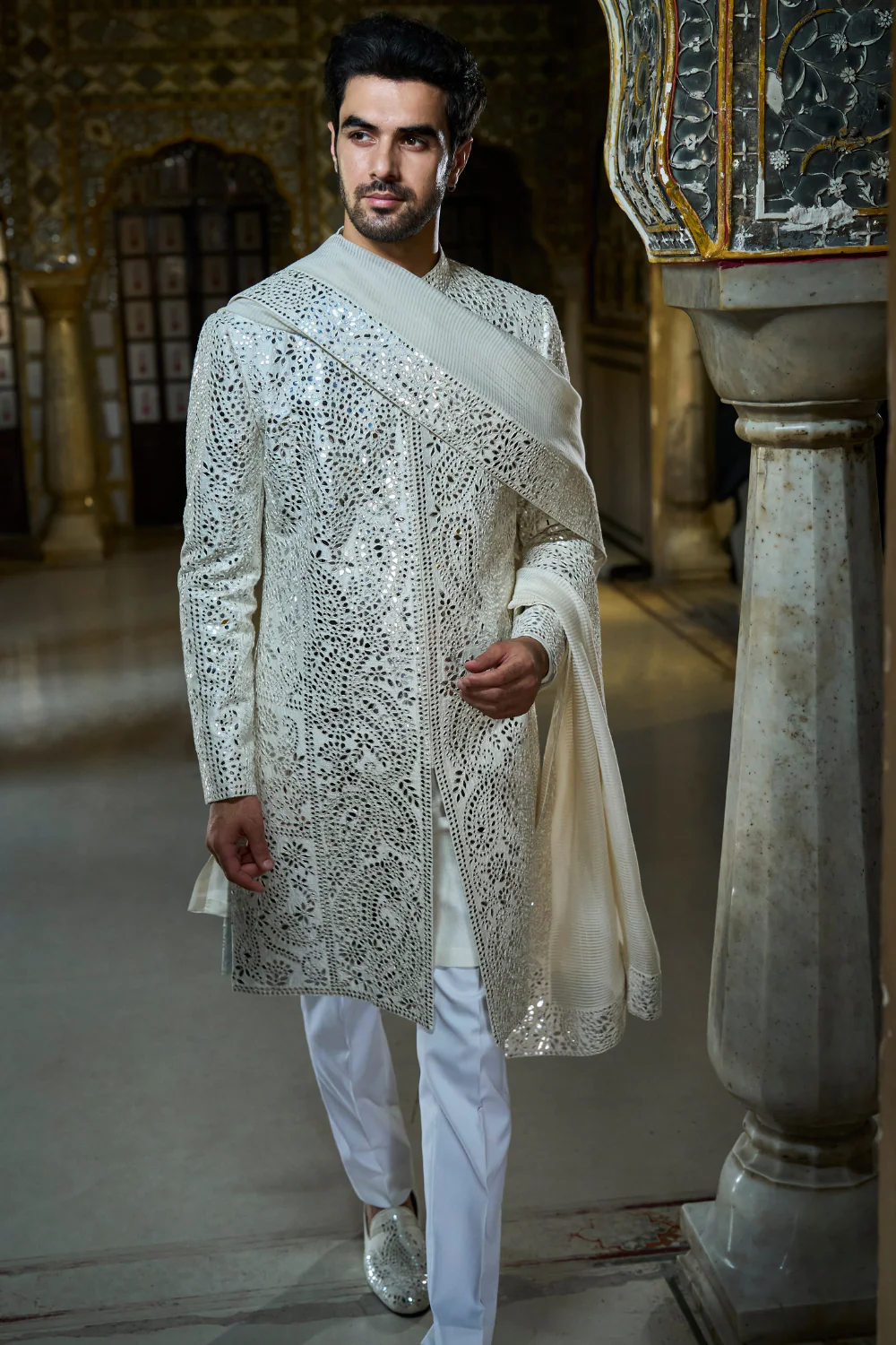 Seema Gujral - Ivory Mirror Work Sherwani Set
