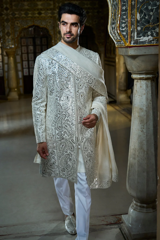 Seema Gujral - Ivory Mirror Work Sherwani Set