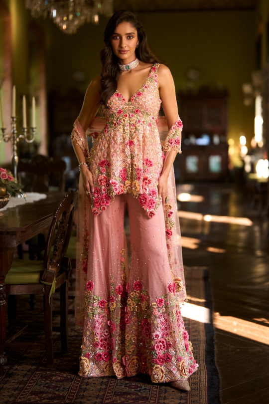 Seema Gujral - Pink Three-Dimensional Sharara Set