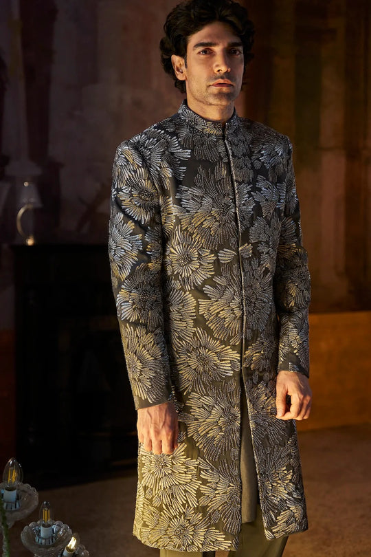 Seema Gujral - Charcoal Silver Sherwani Set