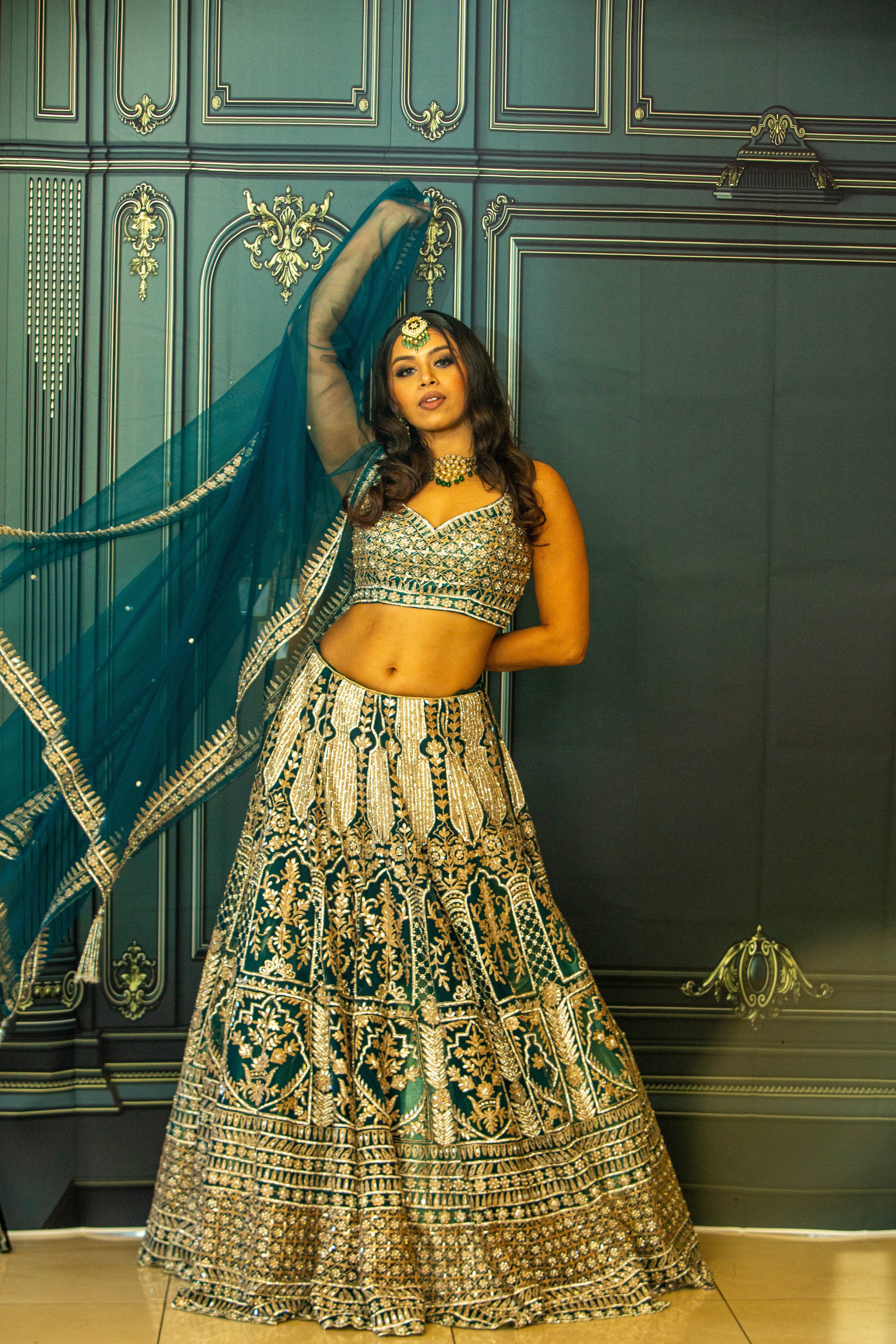 Shop Mehndi Green Lehenga With Contrasting Blouse Online in USA – Pure  Elegance