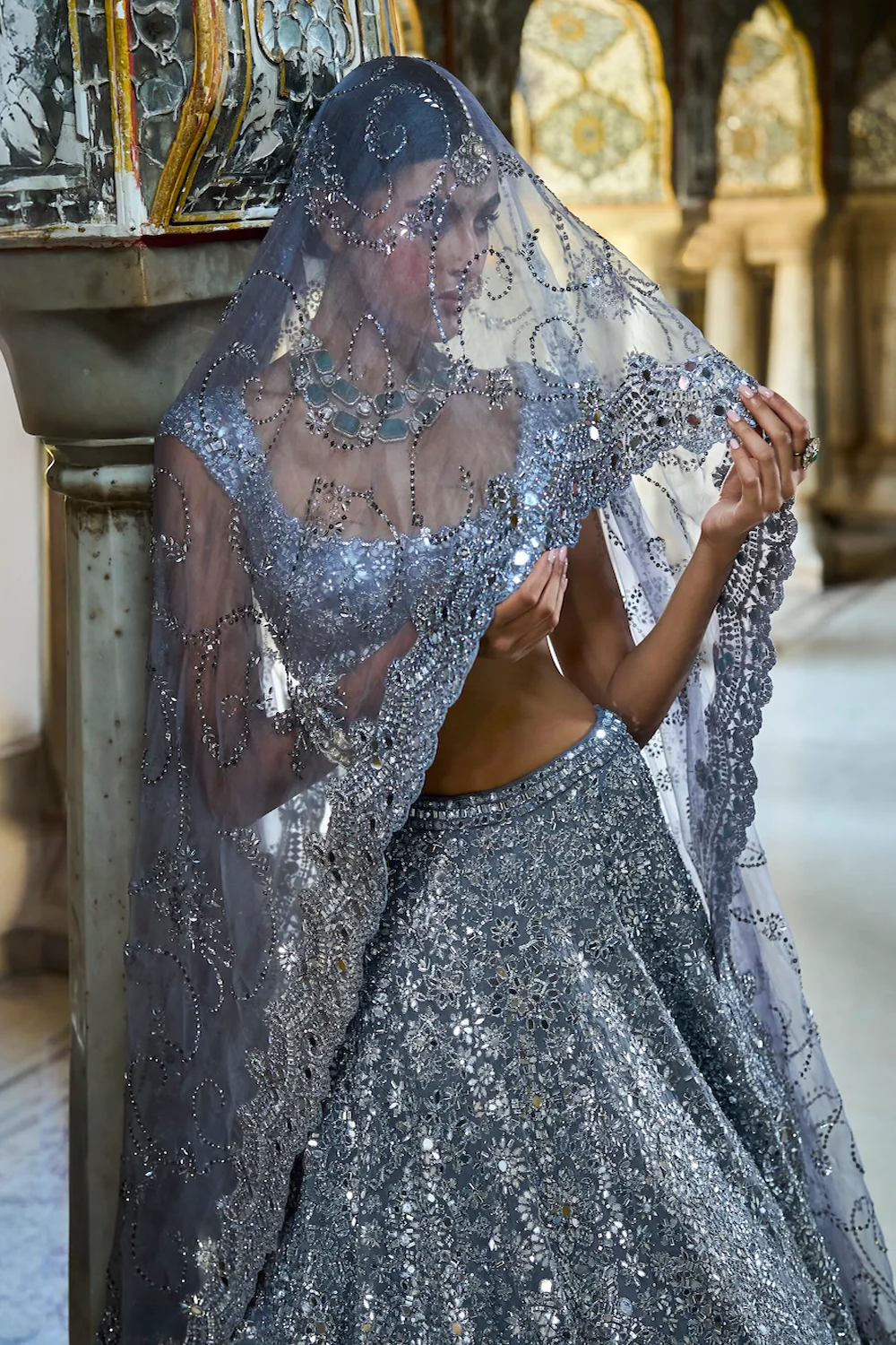 Seema Gujral - Steel Grey Mirror Work Lehenga Set