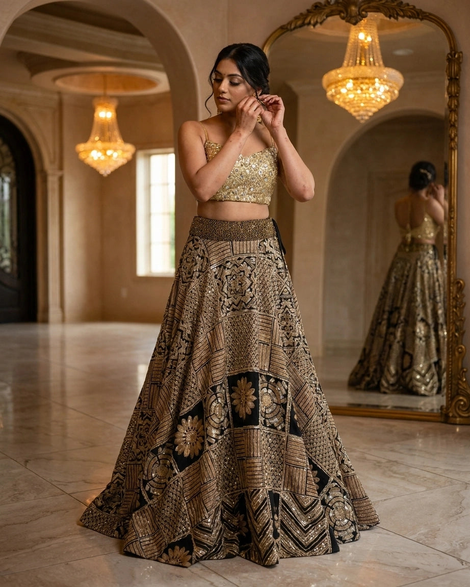Gold Sequined Choli &amp; Geometric Print Silk Lehenga Set