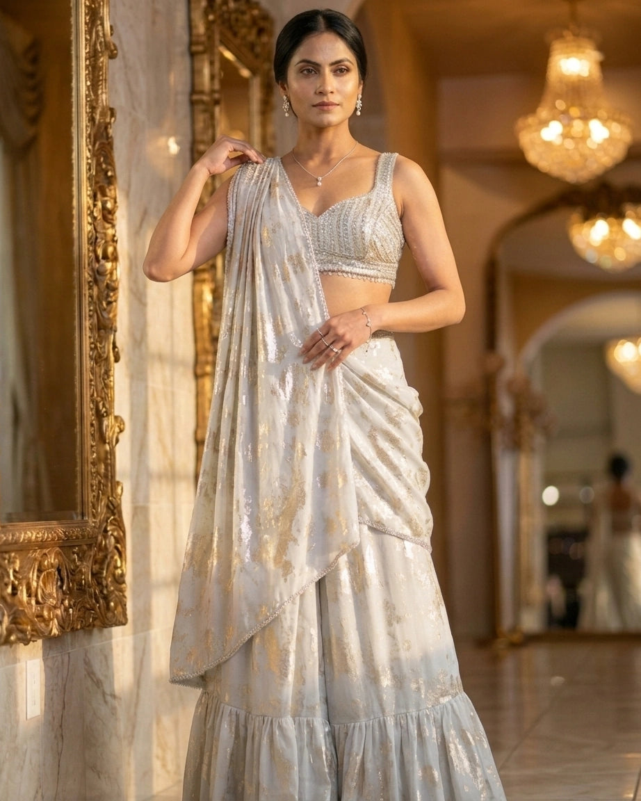 Ivory &amp; Gold Sequin Indo-Western Lehenga Saree