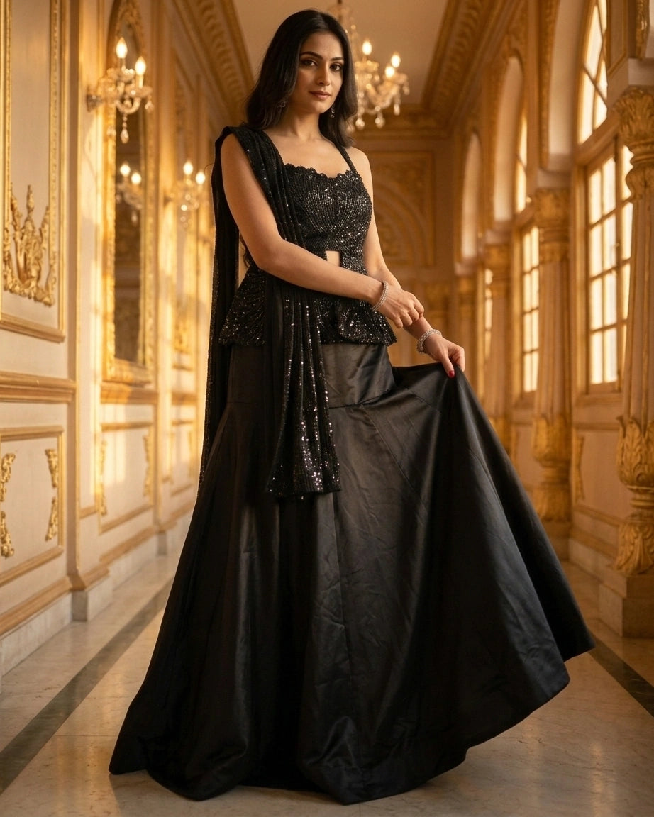 Midnight Noir Sequin Indo-Western Gown