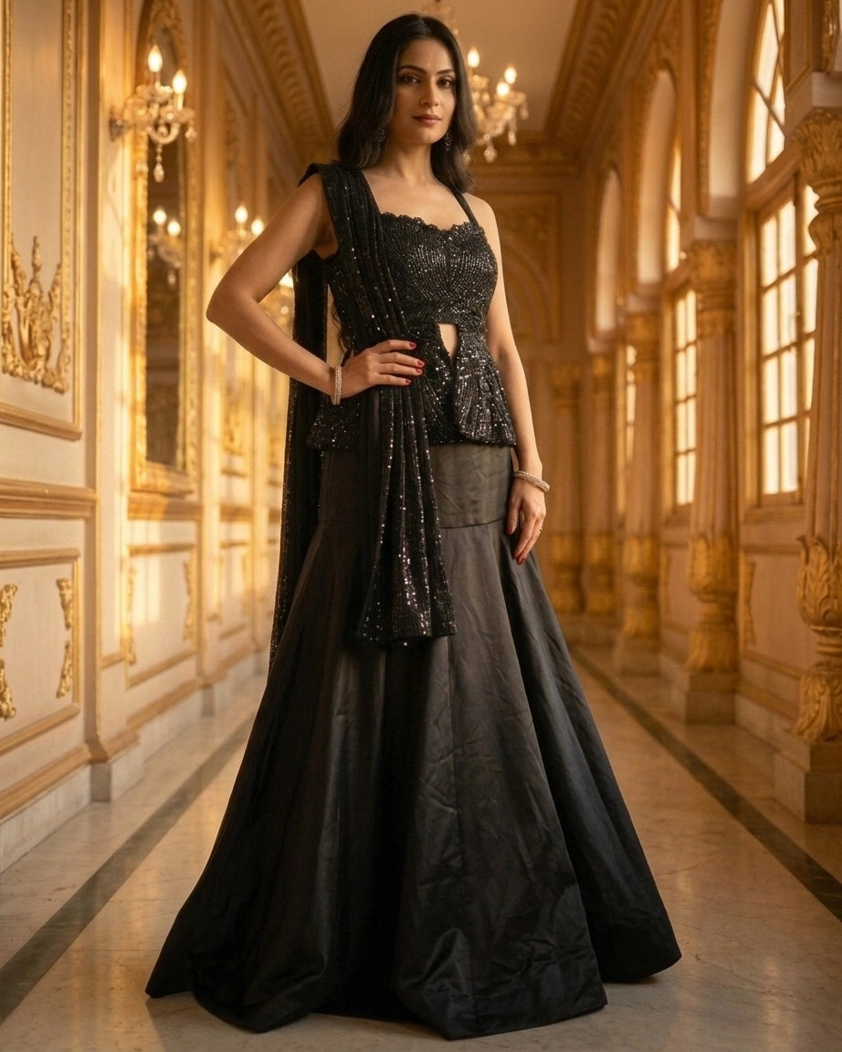 Midnight Noir Sequin Indo-Western Gown