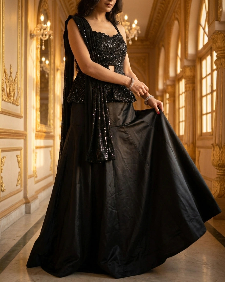 Midnight Noir Sequin Indo-Western Gown