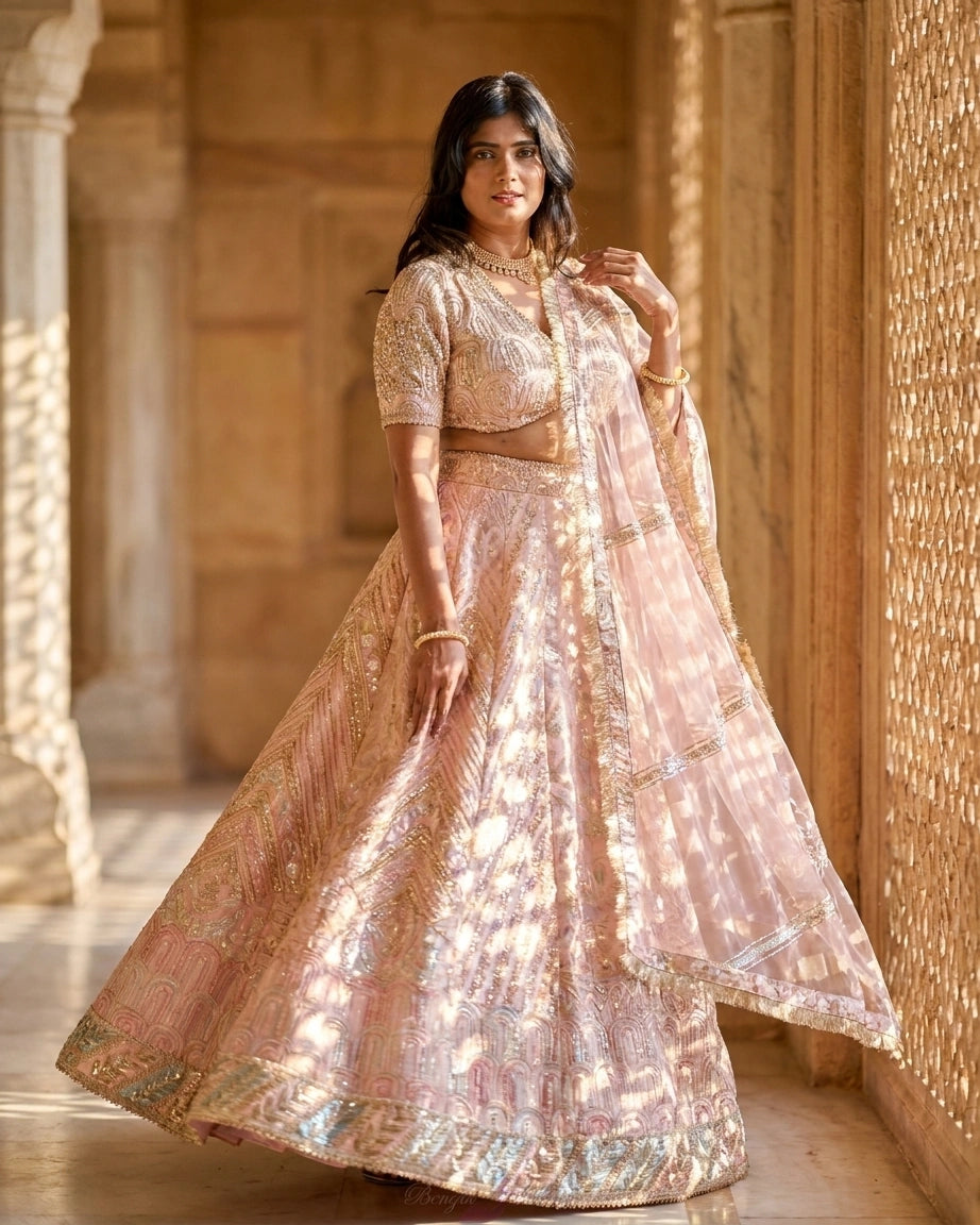 Ishanya — Blush Champagne Luxe Embroidered Lehenga