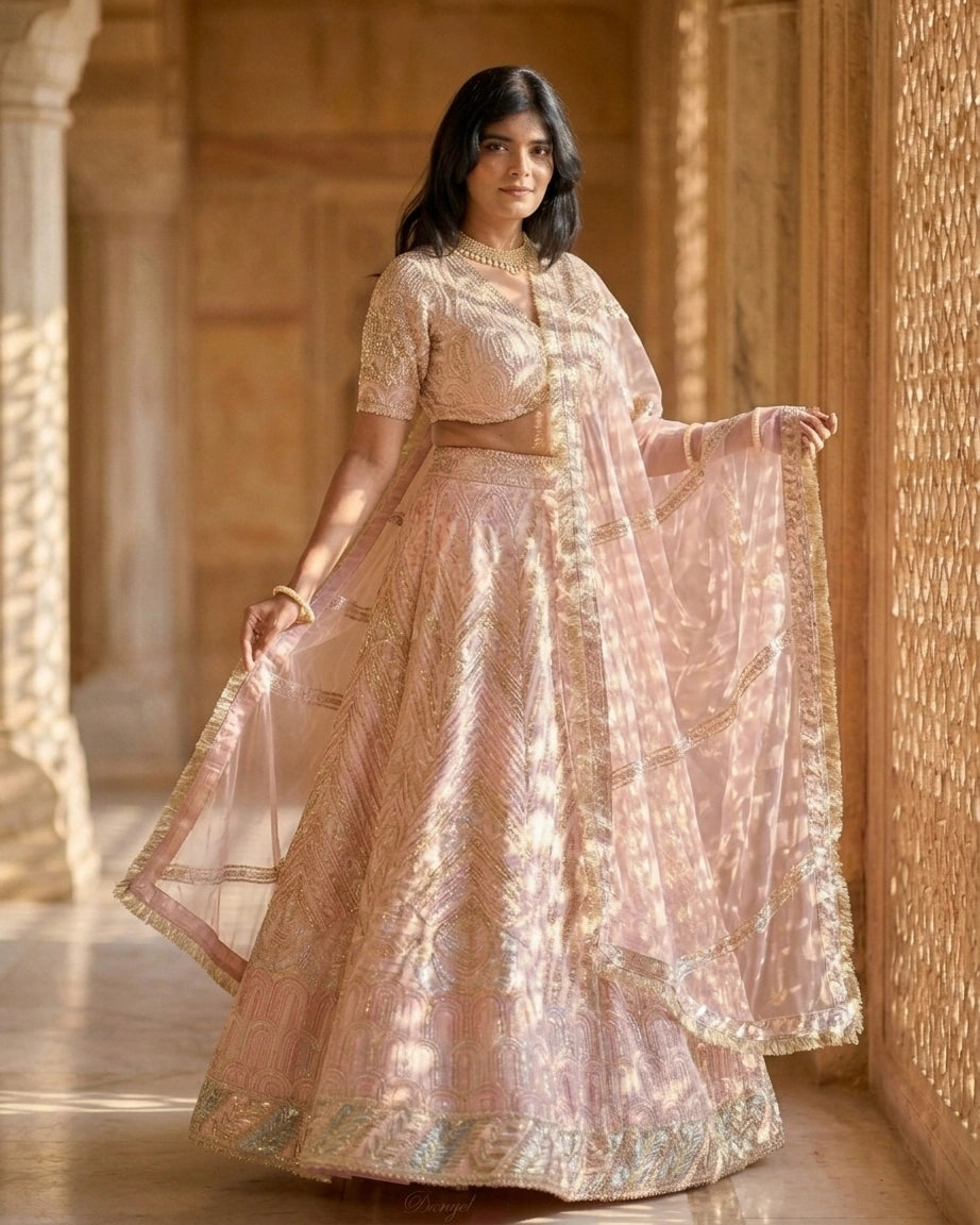 Ishanya — Blush Champagne Luxe Embroidered Lehenga