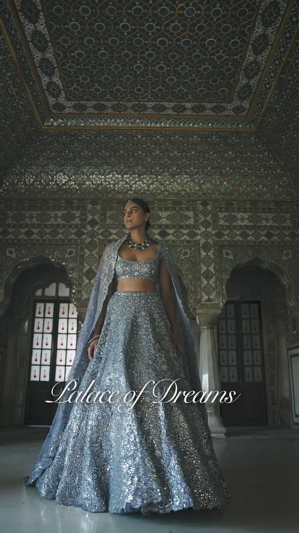 Seema Gujral - Steel Grey Mirror Work Lehenga Set