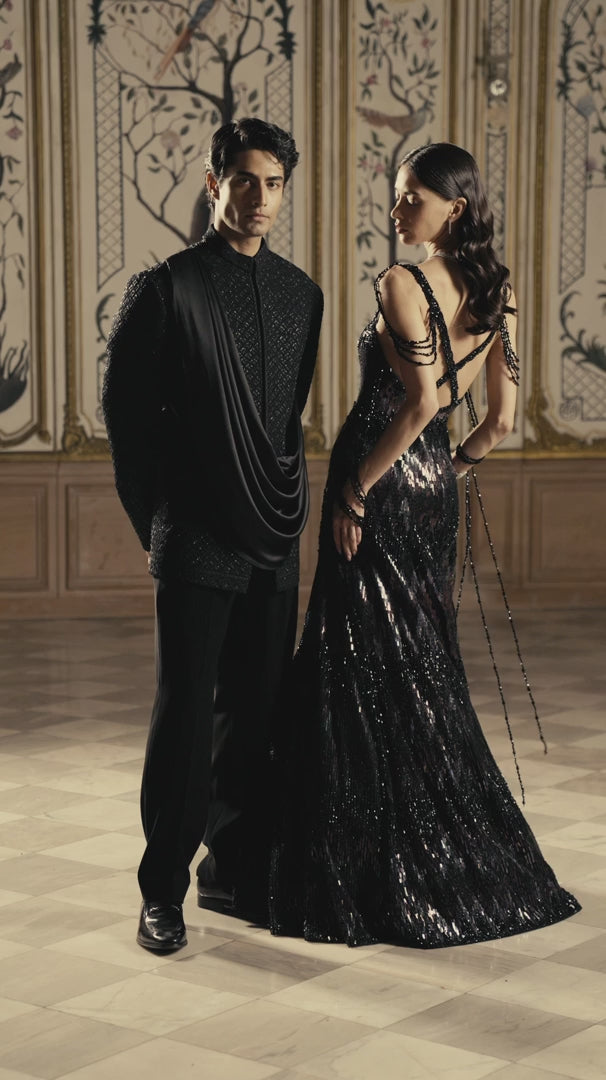 Seema Gujral - Black Multi-Coloured Sequin Gown