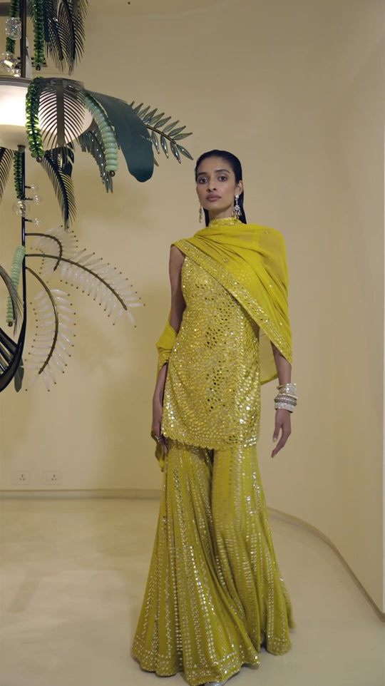 Seema Gujral - Yellow Mirror Work Sharara Set