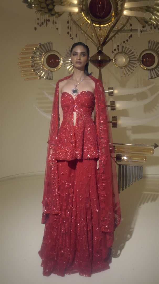 Seema Gujral - Off-Shoulder Red Sharara Set