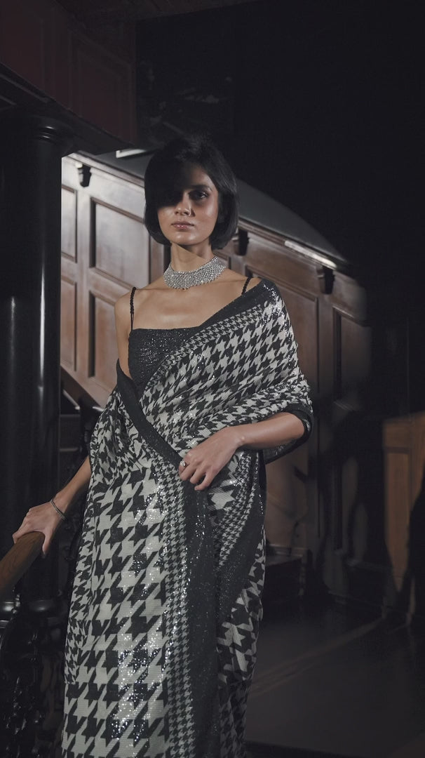 Seema Gujral - Hounds-Tooth Sequin Georgette Saree