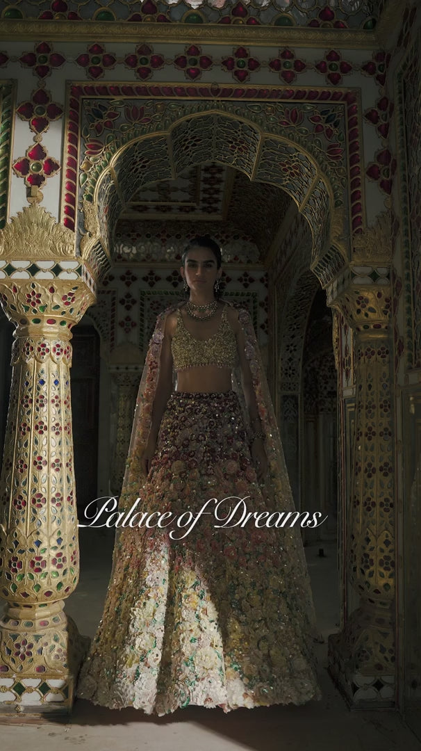 Seema Gujral - Ombre Multi-Coloured Three-Dimensional Floral Lehenga Set