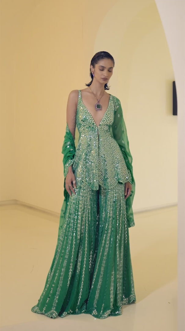 Seema Gujral - Green Mirror Work Sharara Set