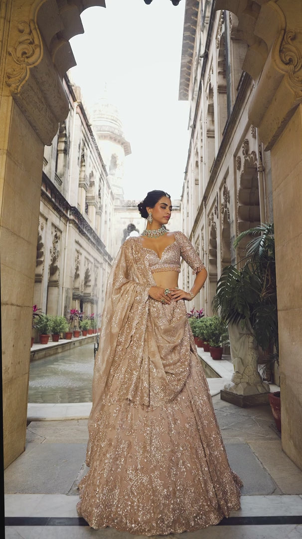 Seema Gujral - Rose Gold Tissue Lehenga Set