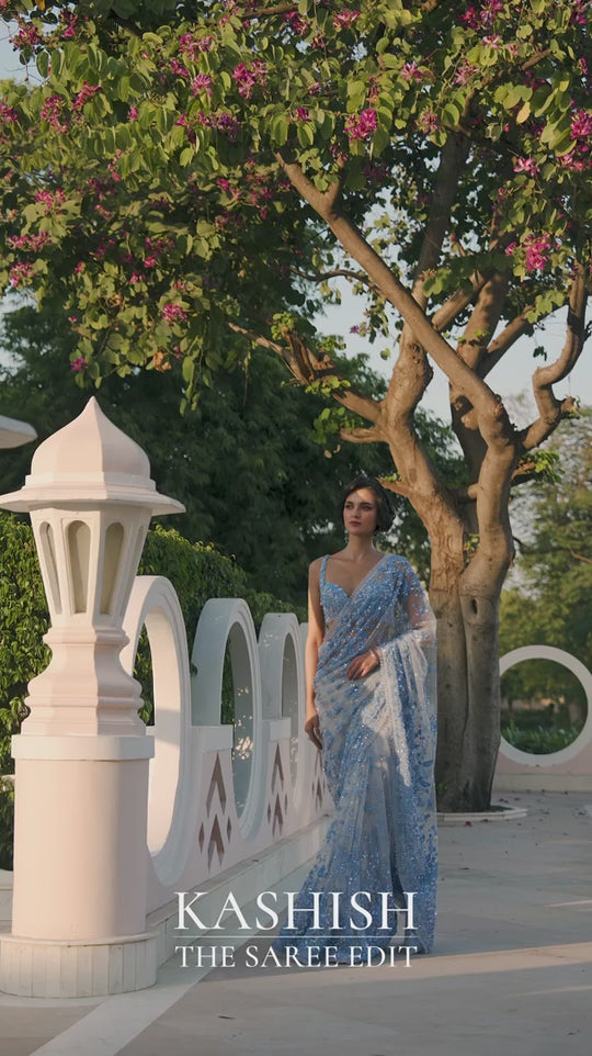 Seema Gujral - Powder Blue Three-Dimensional Floral Saree