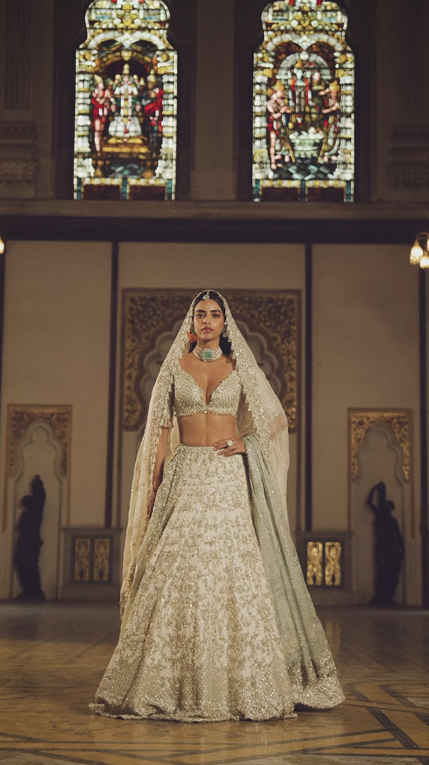 Seema Gujral - Ivory Sage Zardosi Lehenga Set