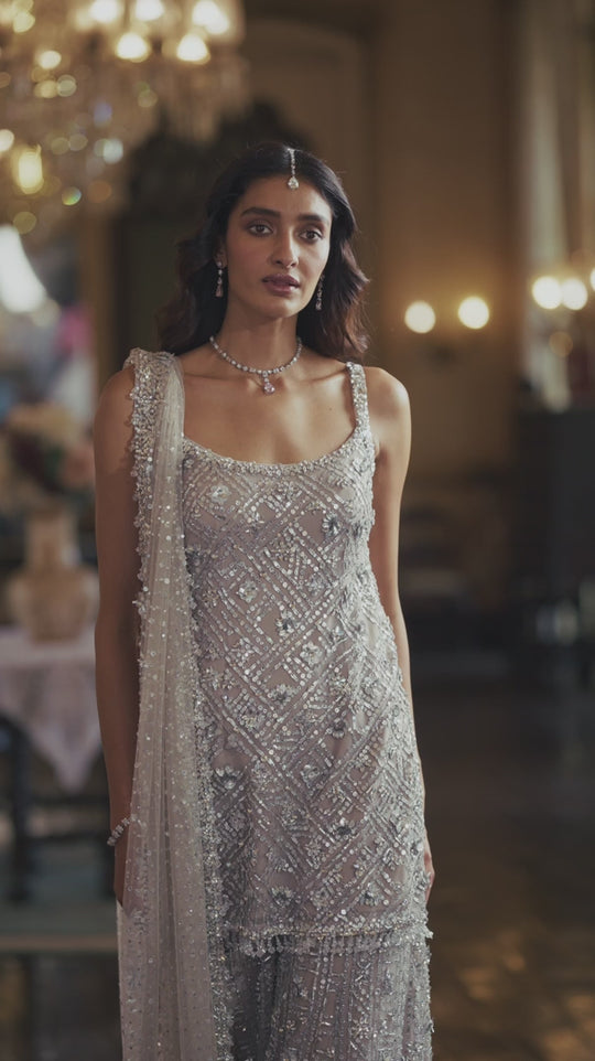 Seema Gujral - Silver Sequin Sharara Set