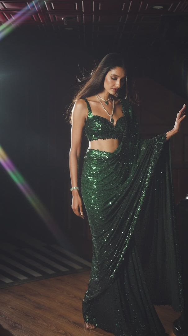 Seema Gujral - Emerald Green Ombre Sequin Georgette Saree