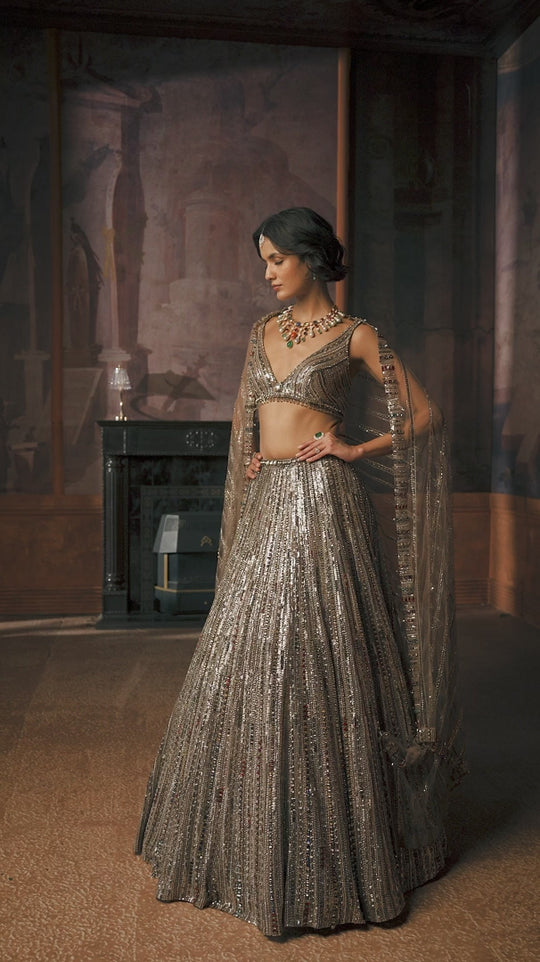 Seema Gujral - Charcoal Multi-Coloured Crystal Lehenga Set