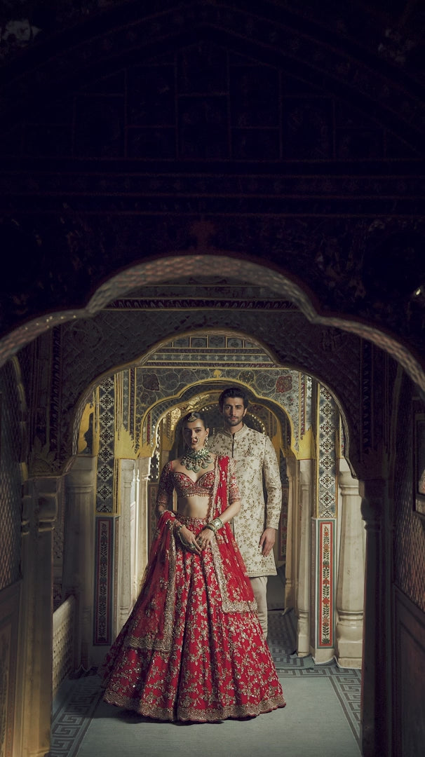 Seema Gujral - Beige Zardosi Short Sherwani Set