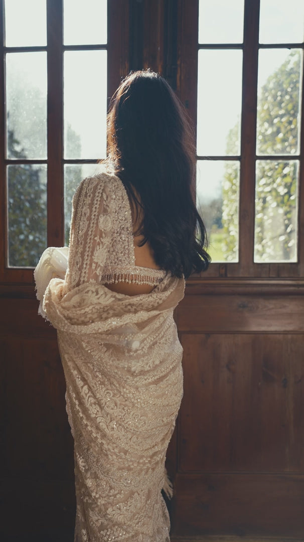 Seema Gujral - Powder Peach Stripe Saree