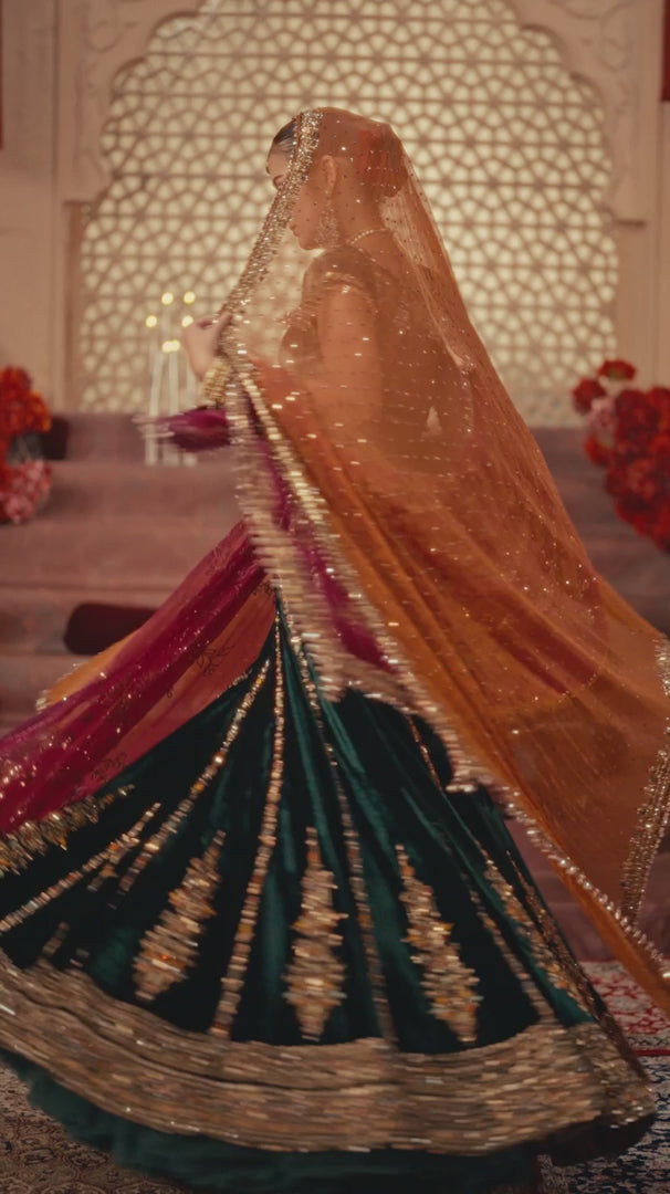 Seema Gujral - Emerald Green Velvet Lehenga Set