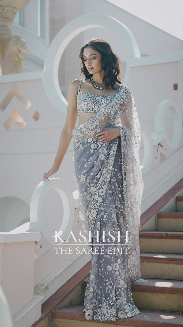 Seema Gujral - Stone Grey Multi-Coloured Floral Saree