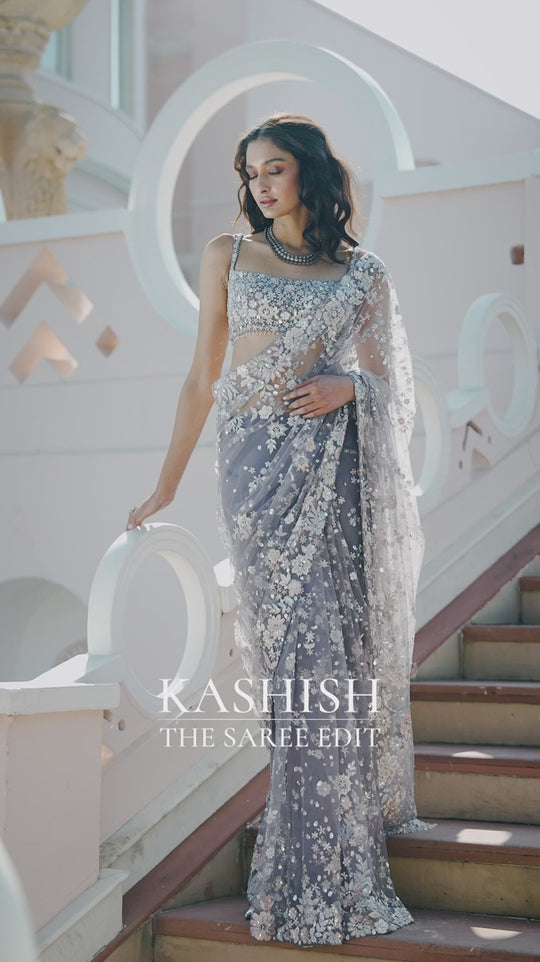 Seema Gujral - Stone Grey Multi-Coloured Floral Saree