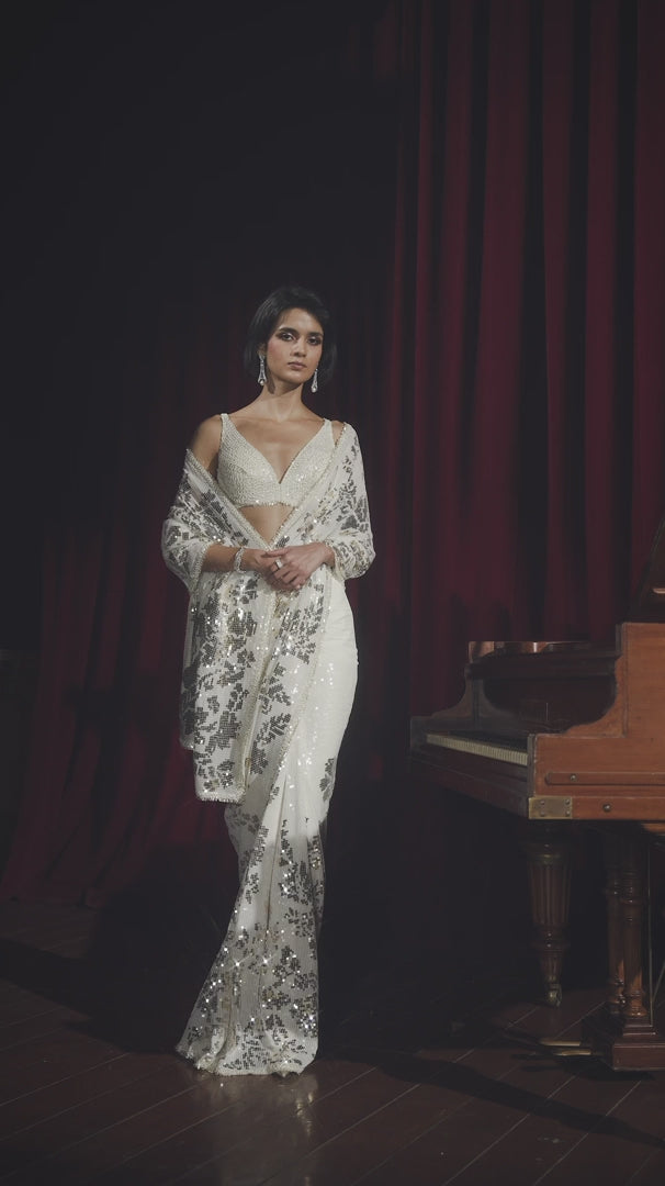 Seema Gujral - Gold Silver Sequin Georgette Saree